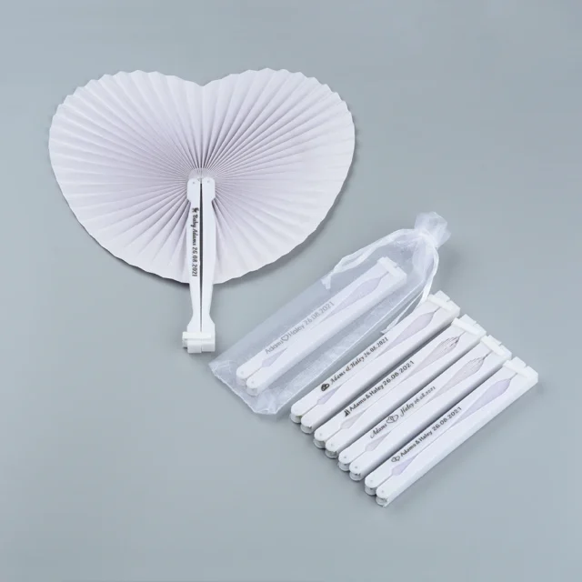 Personalized White Heart Paper Fans — 20/30pcs for Weddings