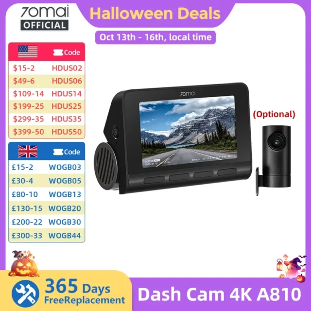 70mai A810 4K Front and Rear Dash Cam with 4G Support
