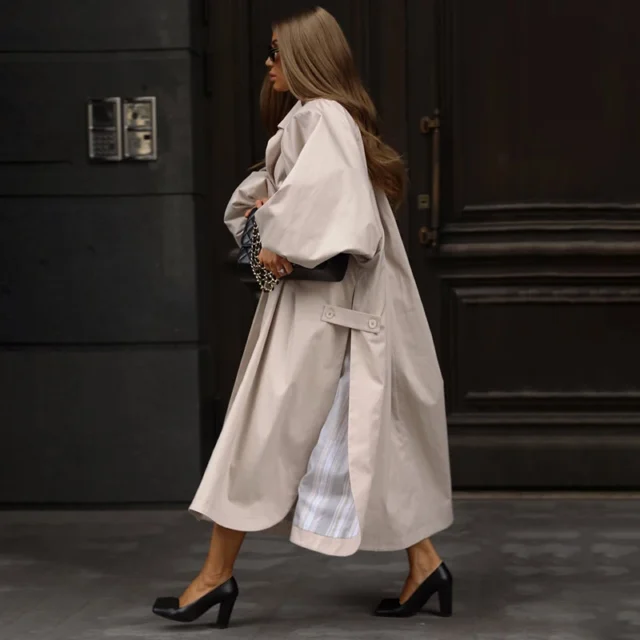 Oversized Women's Long Trench Coat — Puff Sleeve Side Slit
