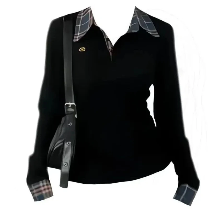 Polo Neck Plaid Patchwork Embroidery Slim Women's Top