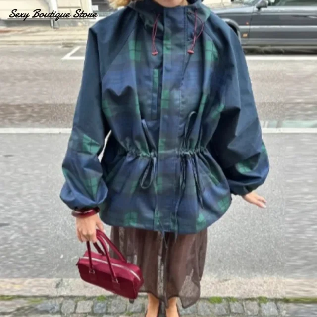 Vintage Plaid Oversize Jacket for Women, High Neck Hoodie