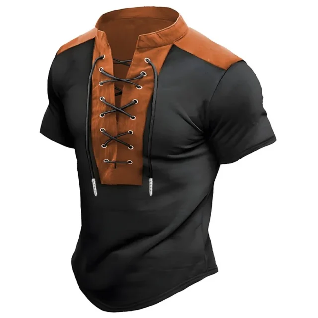 Men's retro drawstring color-block short-sleeve T-shirt