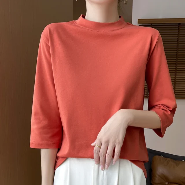 100% Cotton Semi-High-Neck Women's Cropped Sleeve T-Shirt