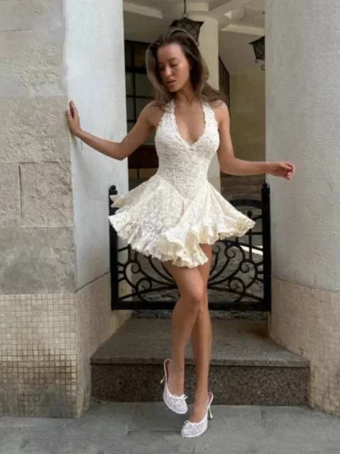Deep V-Neck Halter Lace Backless Short Dress