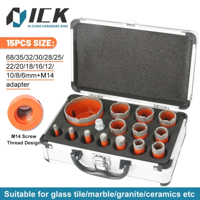 M14 Diamond Dry Vacuum Brazed Core Drill Bits Set — 15pcs