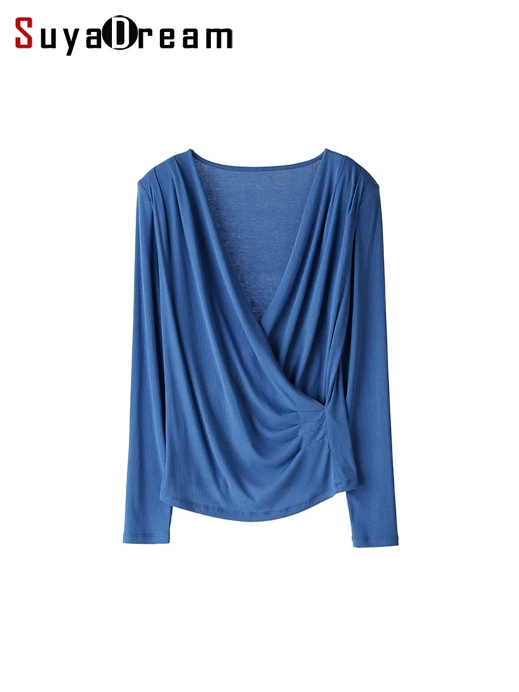 SuyaDream Women's Silk Blend Wrapped V-Neck Long Sleeve Tee