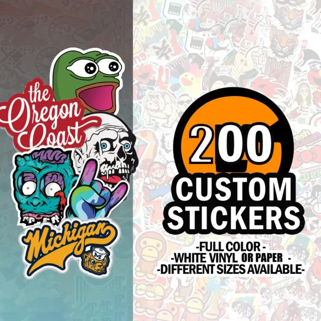 Pegatinas personalizadas de vinilo — 200 unidades (3-10 cm)