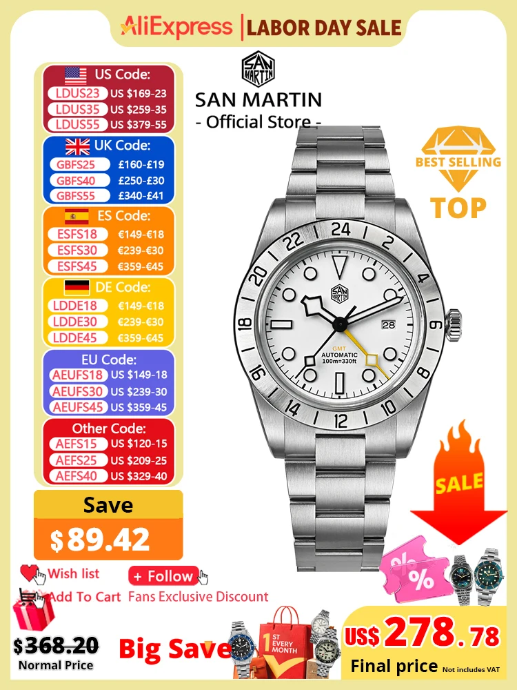 San Martin SN0054 — Reloj mecánico automático 38.3mm GMT