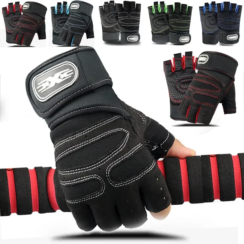 Guantes deportivos sin dedos con protector de muñeca largo