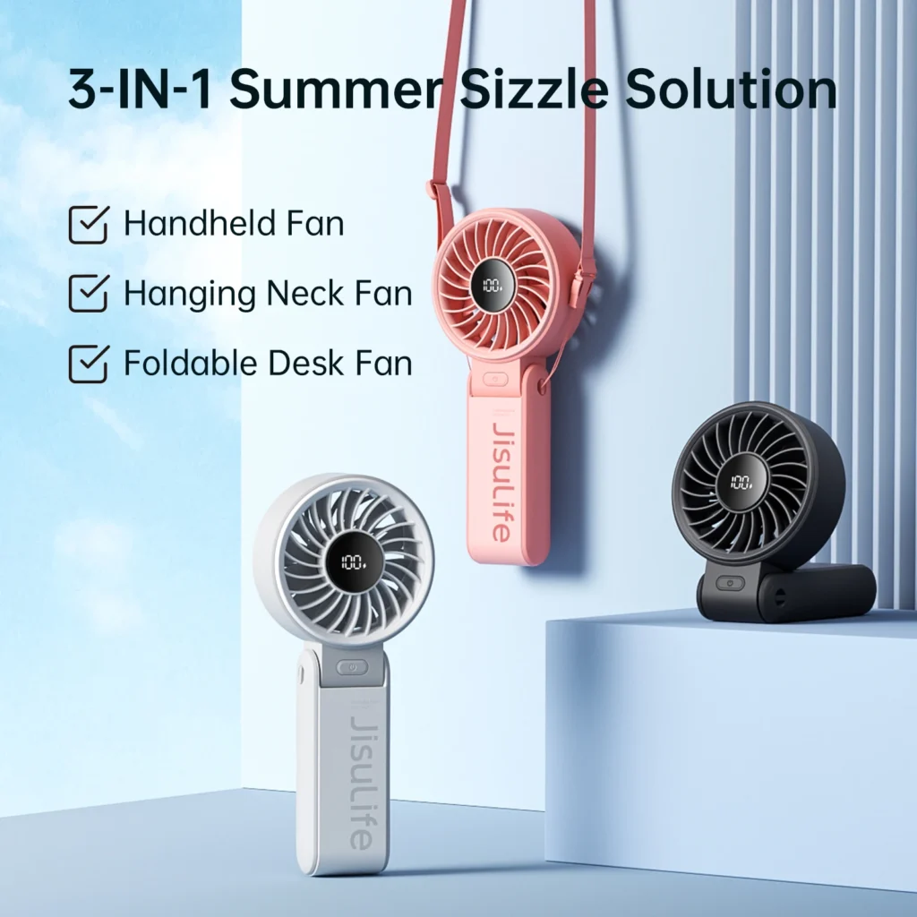 JISULIFE Ventilador portátil 3 en 1 con pantalla LED