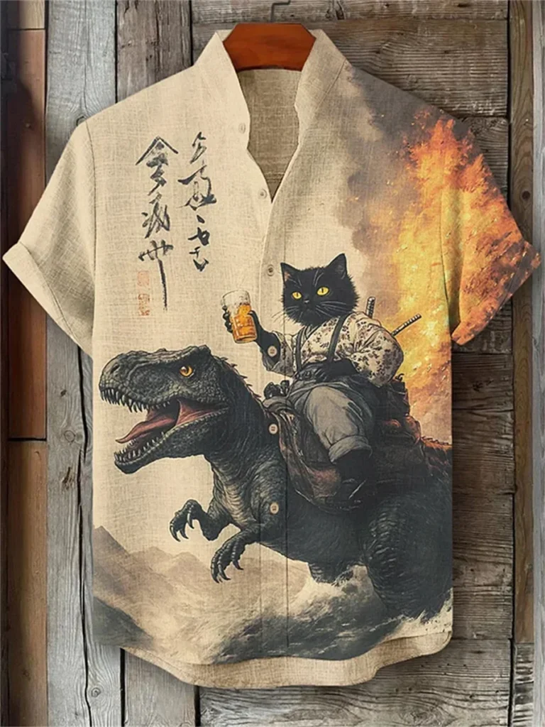 Camisa corta hombre con estampado de gato y dinosaurio