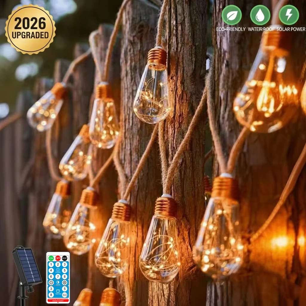 Guirnalda solar vintage en cuerda de cáñamo para exteriores