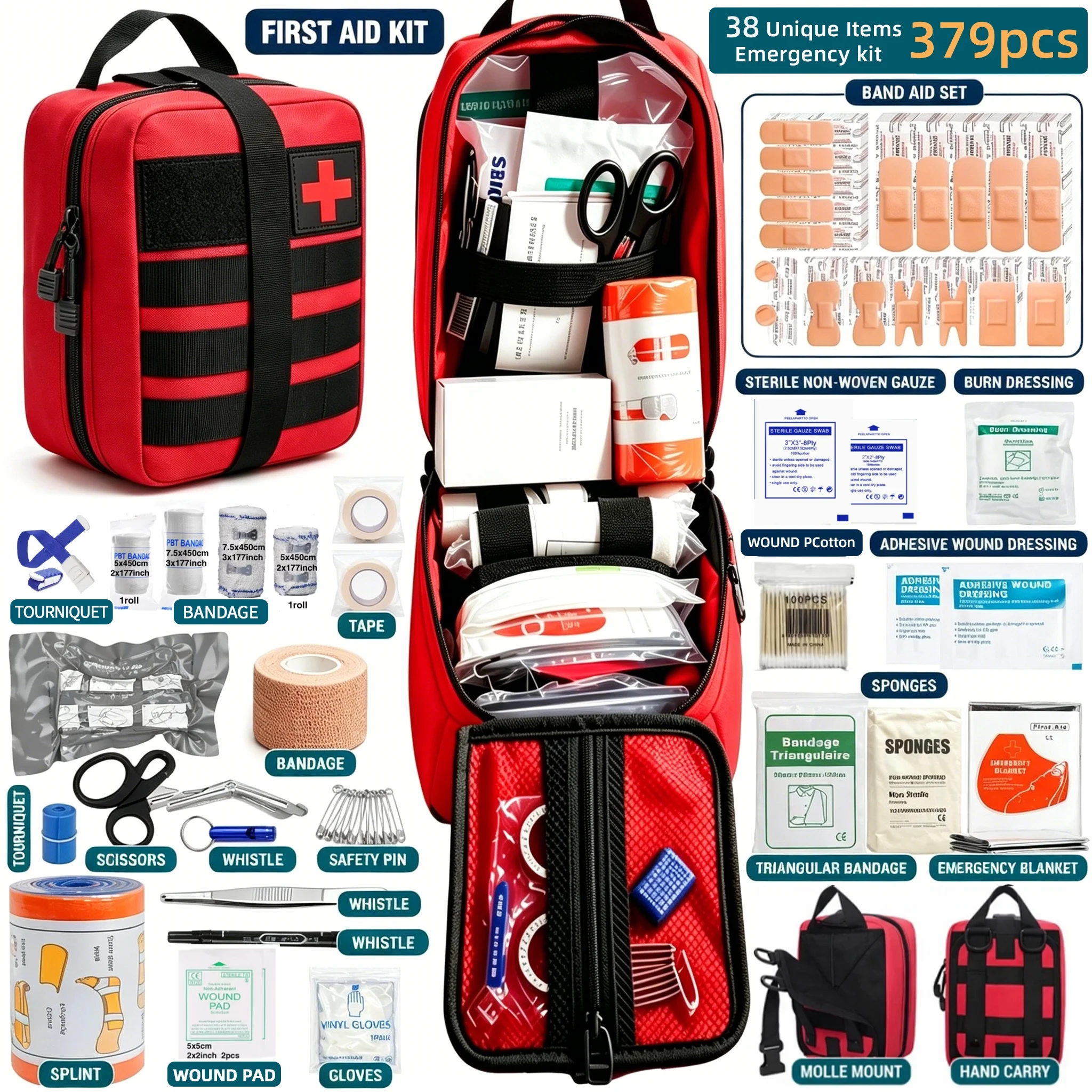 Kit primeros auxilios IFAK - Kit IFAK 379 piezas con bolsas MOLLE para emergencias