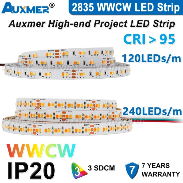 tira LED Auxmer 2835 - Auxmer tira LED 2835 WW/CW 120–240 LED/m, 5m, CRI>95