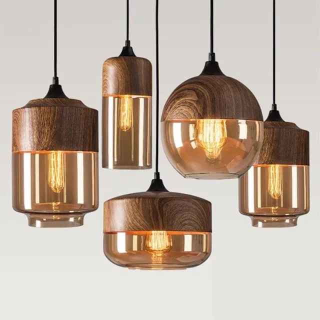 lámpara colgante LED nórdica - Lámpara colgante LED nórdica de cristal y madera clara