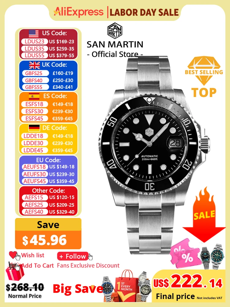 San Martin Water Ghost Diver 40mm, zafiro y 200m