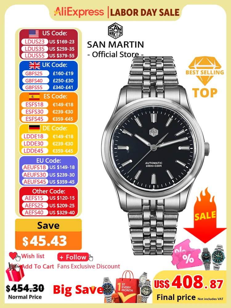 Reloj mecánico automático San Martin 36/39 mm (Miyota 90S5)