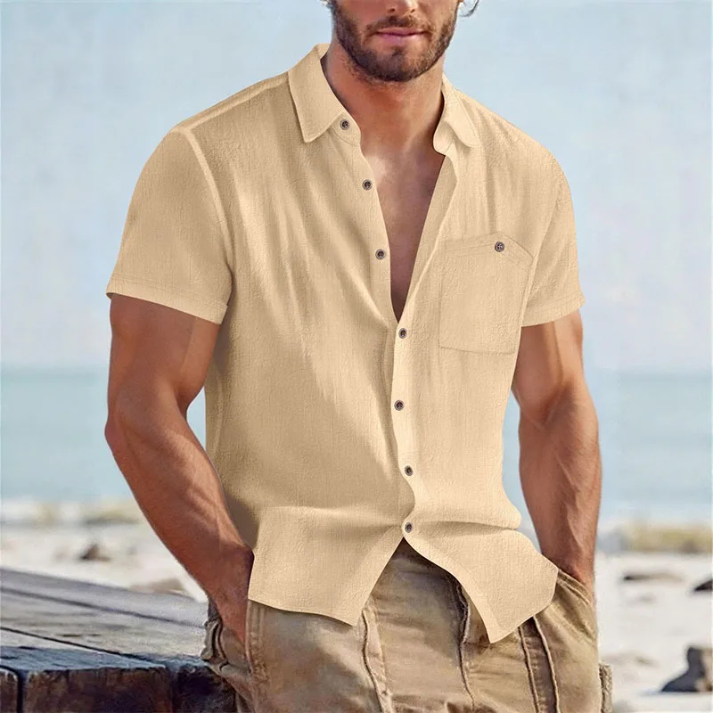 Camisa de lino hombre manga corta con bolsillo