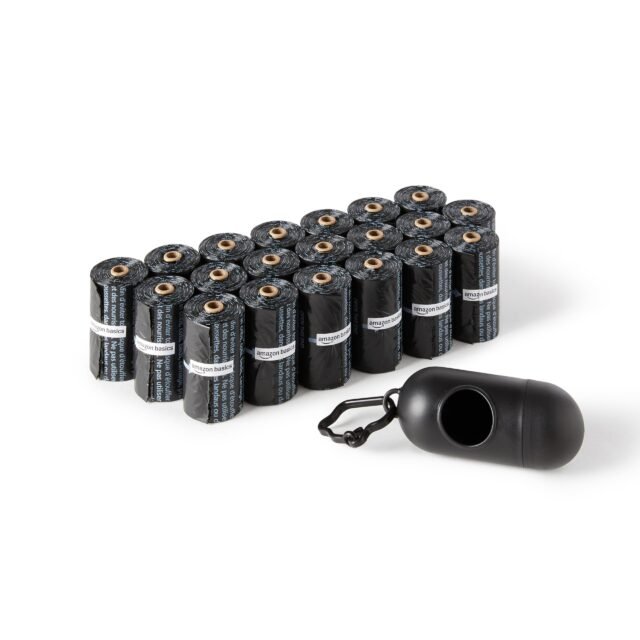 Amazon Basics Bolsas de basura para perros con dispensador y clip para correa