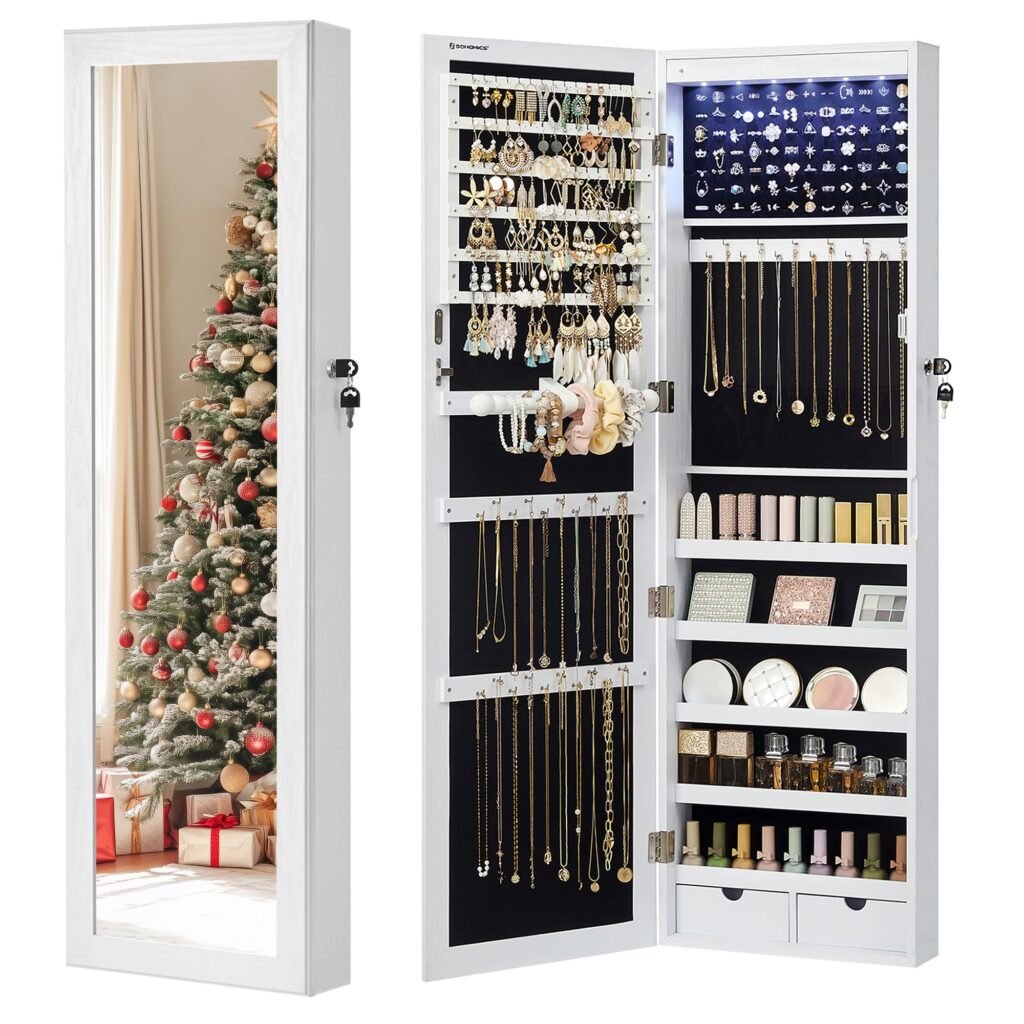SONGMICS Armario para Joyas, Espejo Joyero de Pared con Luces LED y Cierre