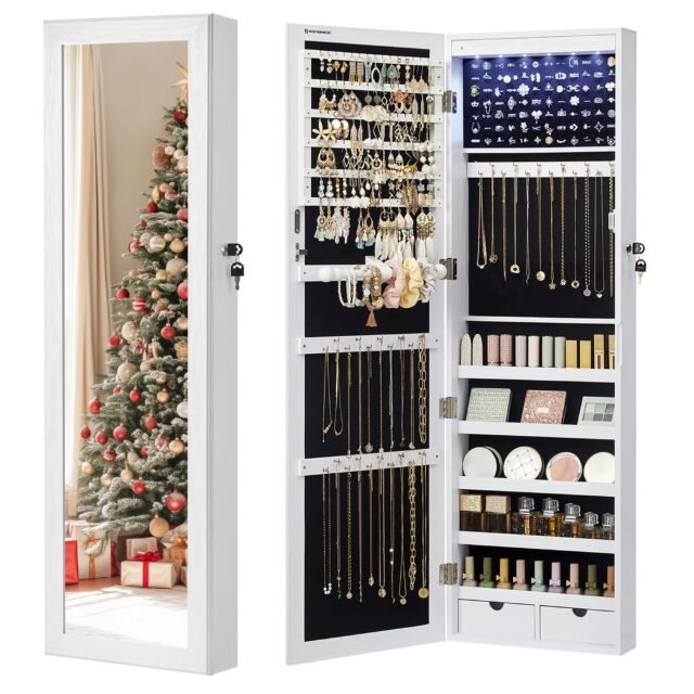 SONGMICS Armario para Joyas, Espejo Joyero de Pared con Luces LED y Cierre