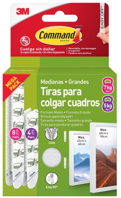 Command Tiras Adhesivas para Colgar Cuadros, 8 pares Grandes/4 pares Medianas