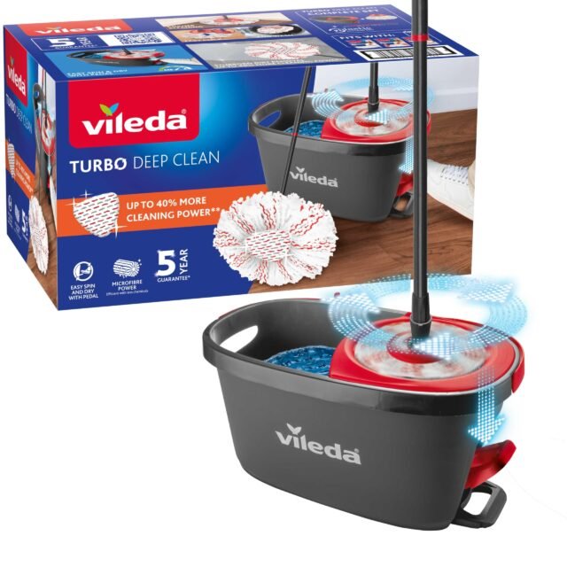 Vileda Turbo Deep Clean, Set de Fregona y Cubo con Pedal y Palo Telescópico