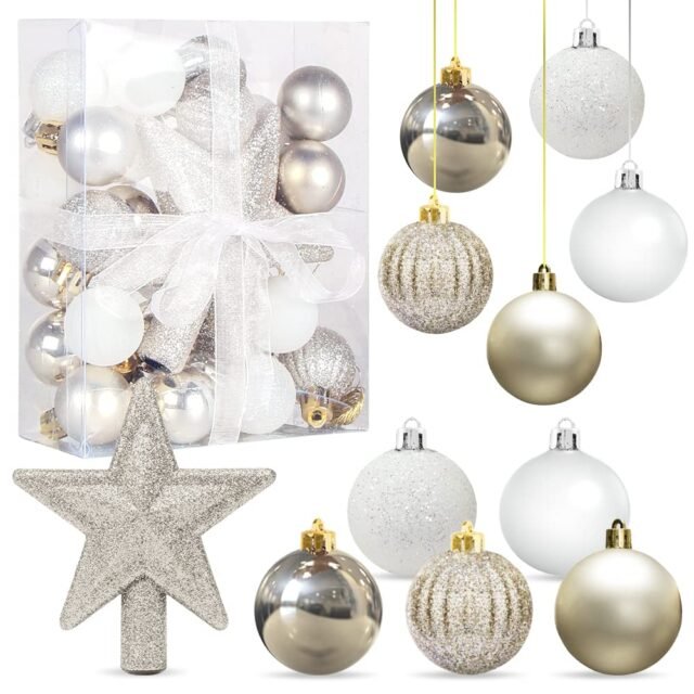 Decoracion de Bolas Arbol de Navidad Blanco Oro 3CM, 30 pcs, Mini Adornos