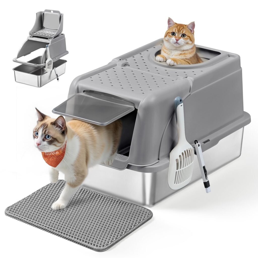 Feandrea Arena Gato, Inoxidable para Gatos con Tapa Abatible, Gris Paloma