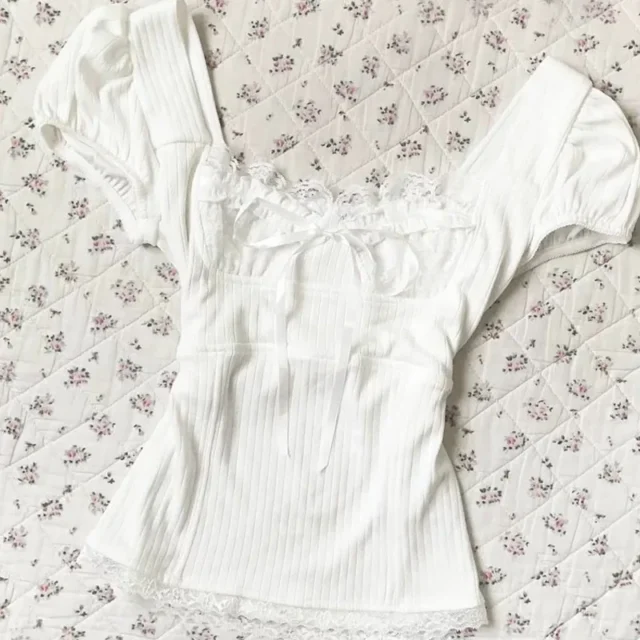 Deeptown camiseta blanca Kawaii con lazo estilo coreano