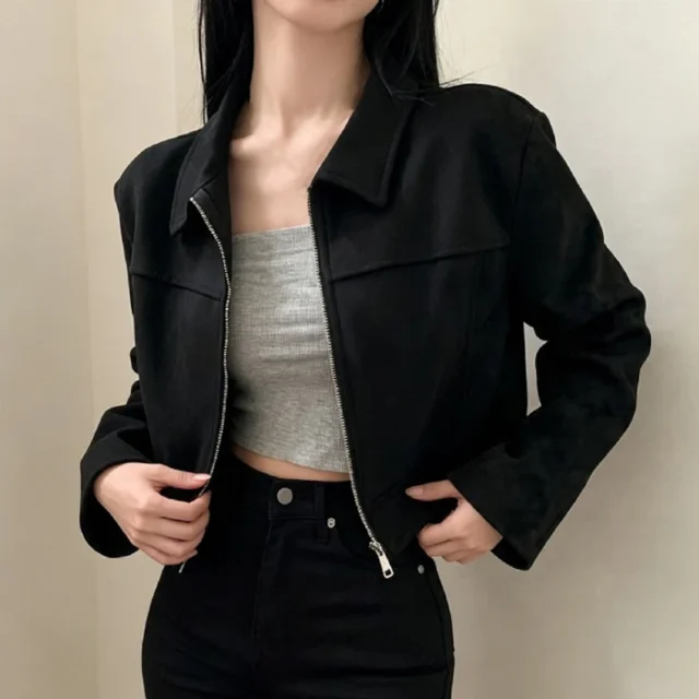 Chaqueta retro de solapa para mujer, corta y con cremallera